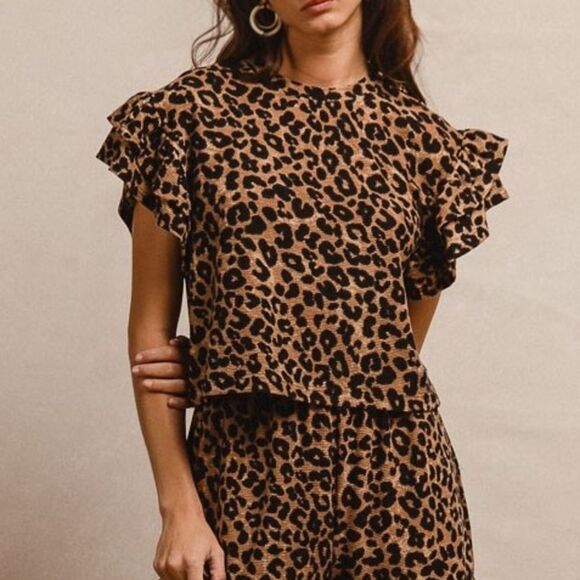 BiBi USA Leopard Print Waffle Texture Layered Ruffle Sleeve Top and Shorts Set - Picture 7 of 17